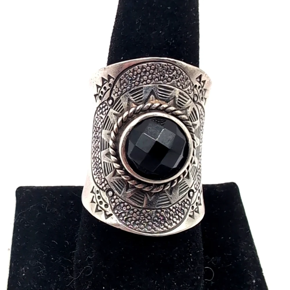 Vintage NF 925 Sterling Silver Faceted Black Stone Hematite Thai Thailand Ring